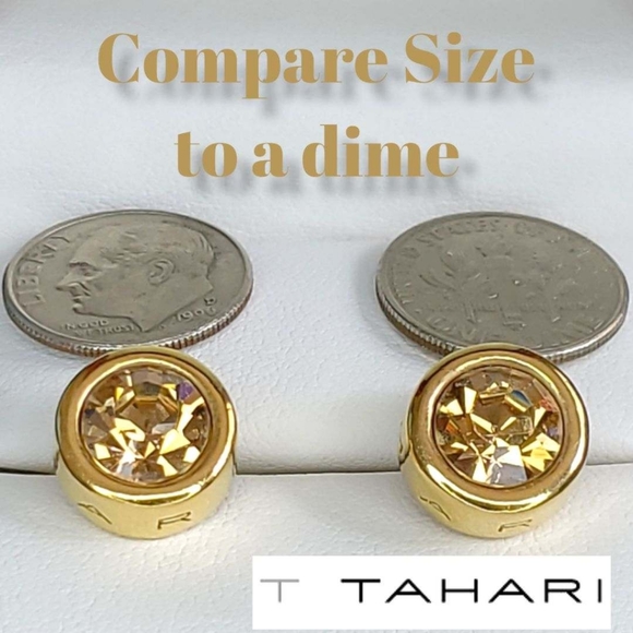 T TAHARI Logo Gold Tone Topaz Round Shaped Post Earrings - Picture 6 of 13